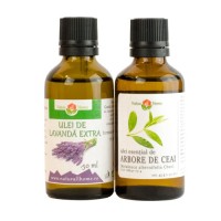 Pachet uleiuri esențiale: Lavandă 50ml + Arbore de ceai 50ml Pachet uleiuri esențiale: Lavandă 50ml + Arbore de ceai 50ml